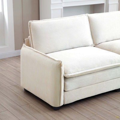 Oversize 3-Seater Sofa With One Footrest, L-Shaped Sectional Sofa With Ottoman For Living Rooms, Corduroy Sofa