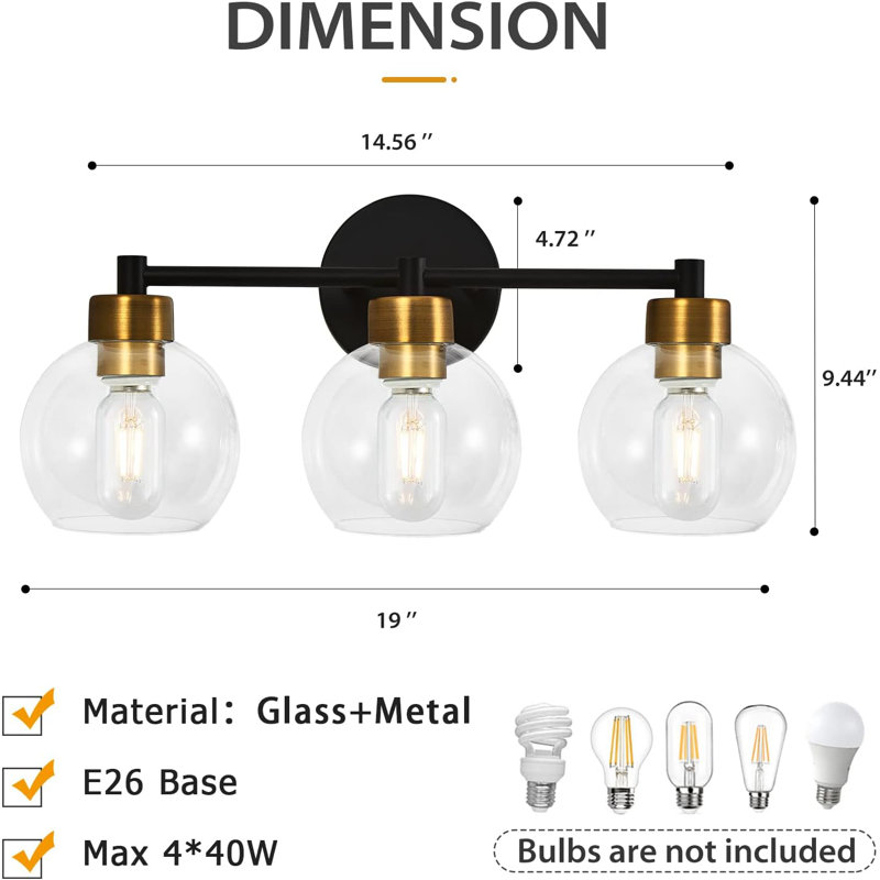 Luminaire de salle de bain noir à 3 lumières avec abat-jour en verre, design industriel moderne, installation facile, compatible avec les ampoules DEL et fluocompactes