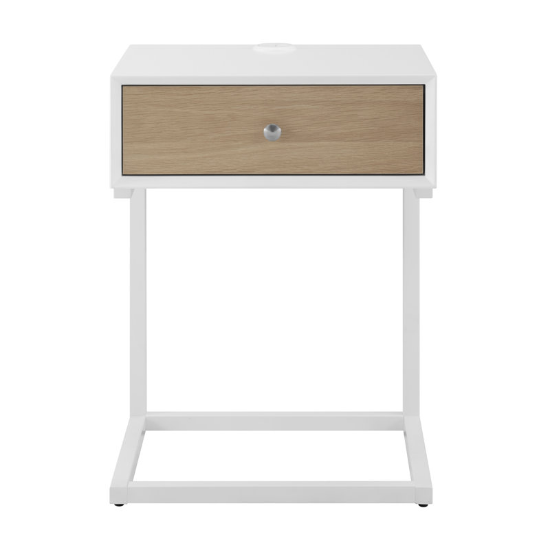 Table de bout en acier et bois blanc et naturel de 25 po avec tiroir et port USB