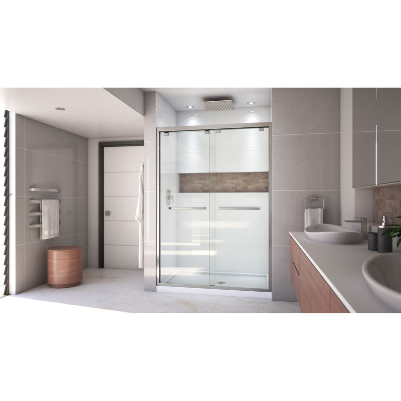 Encore 54" W x 32" D x 78.75" H Semi-Frameless Sliding Shower Door with Base Included, Brushed Nickel/White, Center