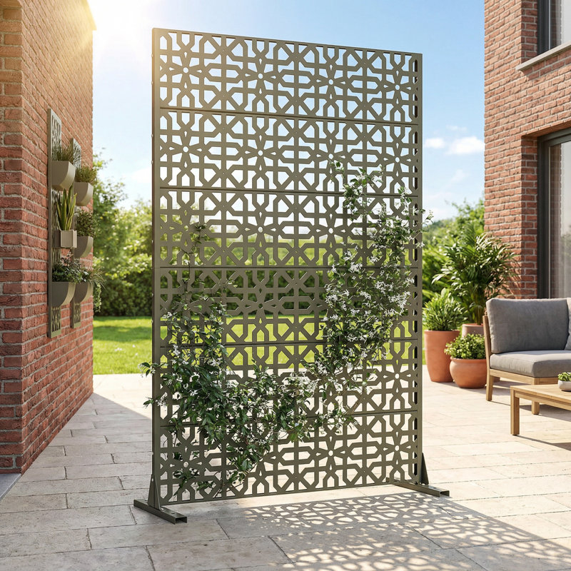 Panneau de clôture d'intimité en métal avec motif élégant, H 72 po x l 47 po x P 16 po, Vert olive