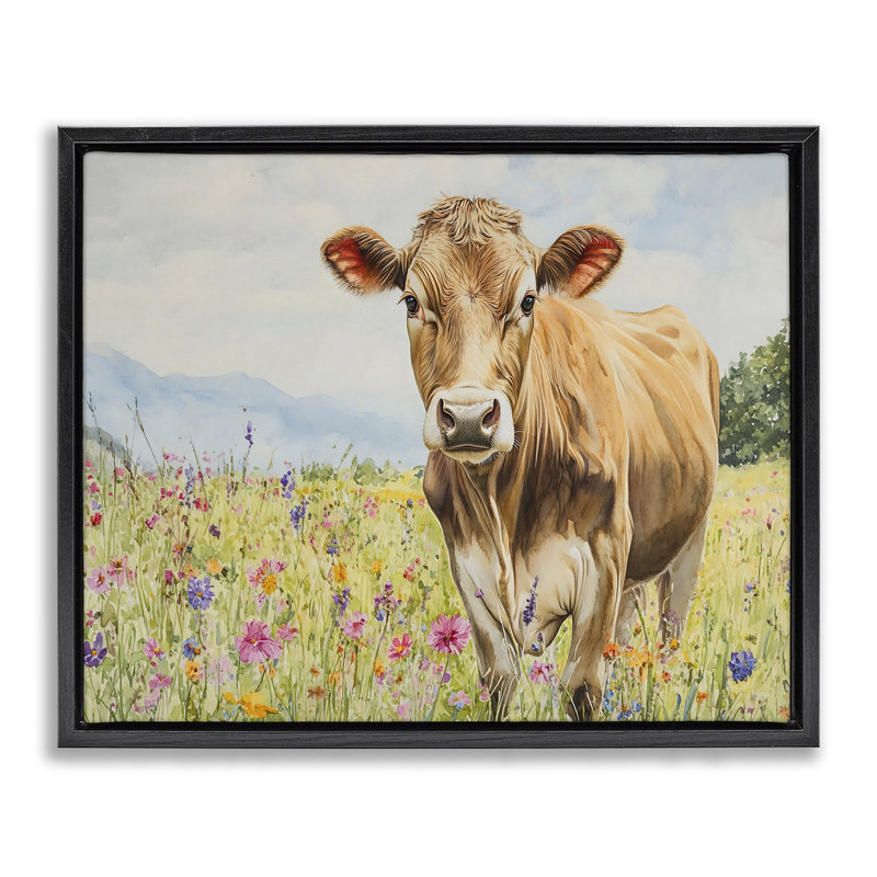 «Swiss Cow in Meadow Floater», art mural par Franklyn Gregory, H 17 po x l 21 po, Cadre flottant noir de jais