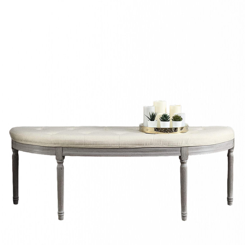 Beige Coastal Button Upholstered Bench With Weathered Gray Legs, Half Crescent Design For Space Optimization In Foyers, Structure, Easy To Clean, Requires Assembly, American Look, 55 Depth Shape -