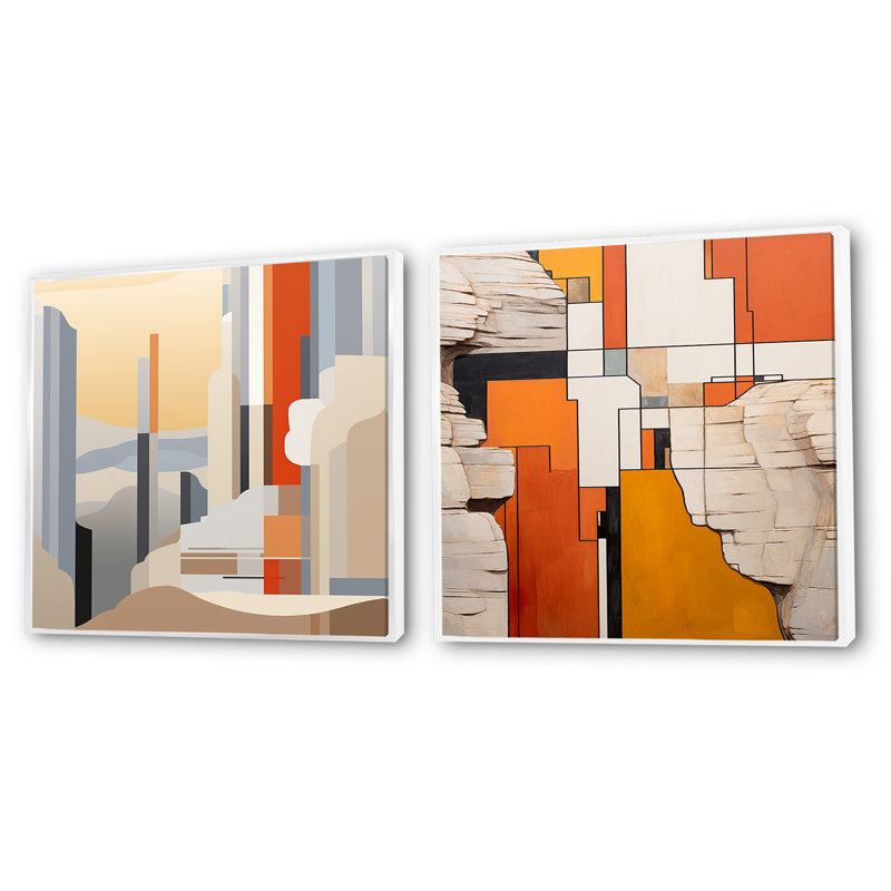 Canyon de Stijl inspiré Lansdcape - ensemble de 2 collages carrés Canyon, Cadre flottant blanc, H 30 po x l 61 po