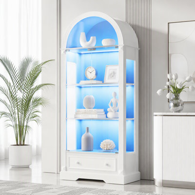 Vitrine arquée de 70,9 po de hauteur, armoire de rangement de cuisine avec portes en verre, bandes lumineuses à DEL et tiroirs; vitrine de style maison de campagne moderne