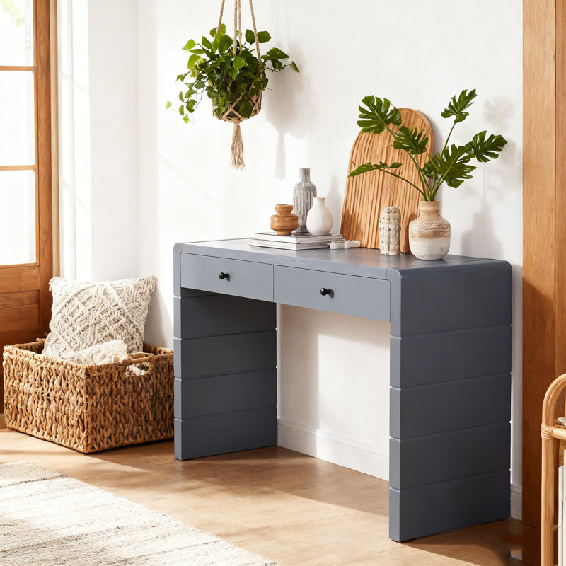 Curved Console Table With Storage, Wooden Entryway Table With 2 Drawers, Farmhouse Rustic Console Tables For Entryway, Hallway, Living Room, Navy