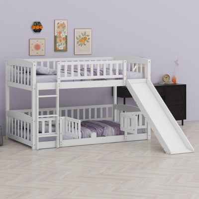 Low Bunk Bed With Fence And Ladder, With Slide