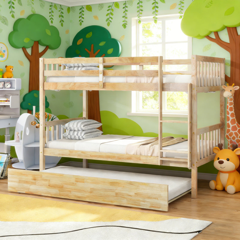 Twin Over Twin Solid Wood Bunk Bed With Trundle&Ladder, Convertible Into Twin Size Beds, Oak