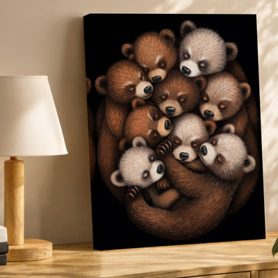 Toile dans une scène intime douillette, huit adorables oursons, art mural Huddle et leur douce fourrure moelleuse