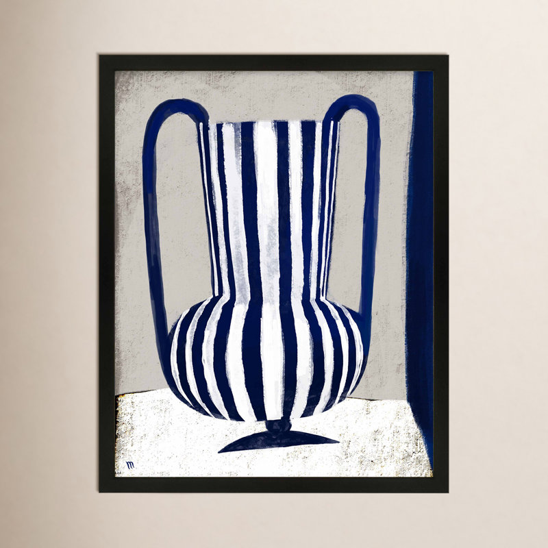 Vase bleu rayé par Marco Marella pour Studio M - Art mural encadré, L 16 po x H 20 po, Toile avec cadre doré