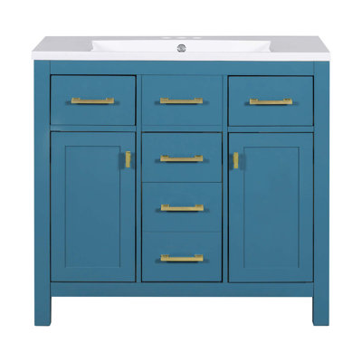Ensemble de meuble-lavabo avec lavabo en résine 36 po Huff, ensemble de meuble-lavabo simple autoportant moderne à 4 tiroirs et 2 armoires Huff, ensemble de meuble-lavabo pour salle de bain, ensemble de meuble-lavabo à cadre en bois massif