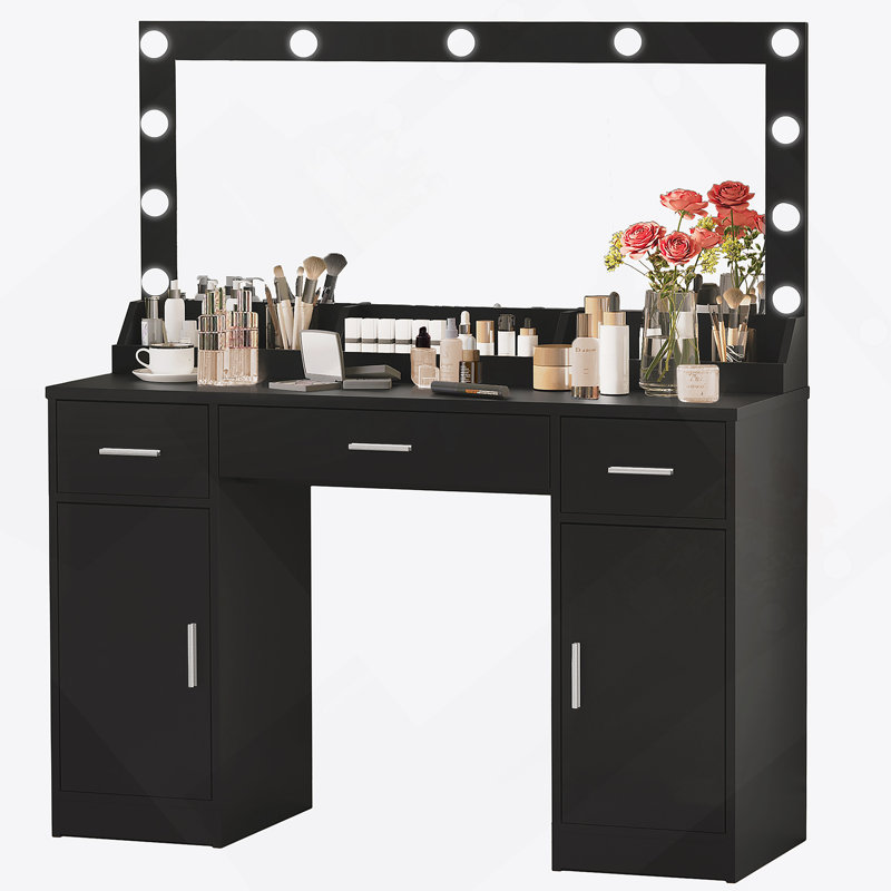 Bureau de coiffeuse 47,2 po avec grand miroir, 3 modes d'éclairage à intensité variable, 3 tiroirs et 2 armoires verticales