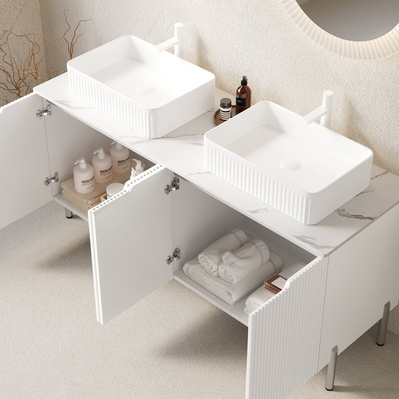 60" Bathroom Vanity, Modern, Freestanding, French Striped Basins, White Ceramic Counter, 4 Doors, Soft Close System, Large Storage, High - Quality Cabinet Freestanding Vanity With 2 Rectangular