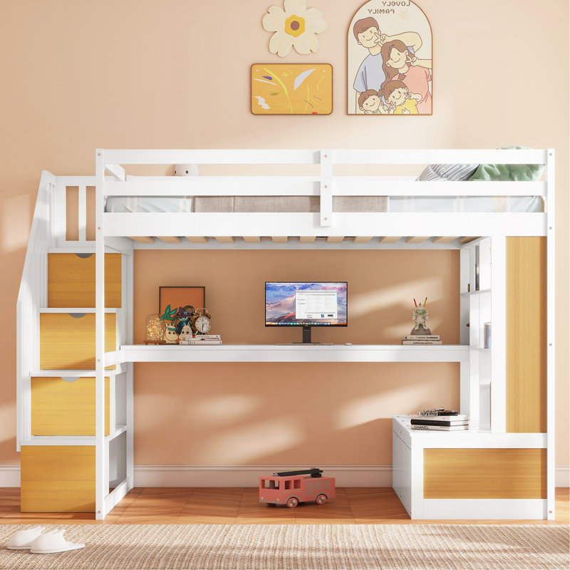 Lit mezzanine double avec bureau et tablettes, Naturel / Blanc