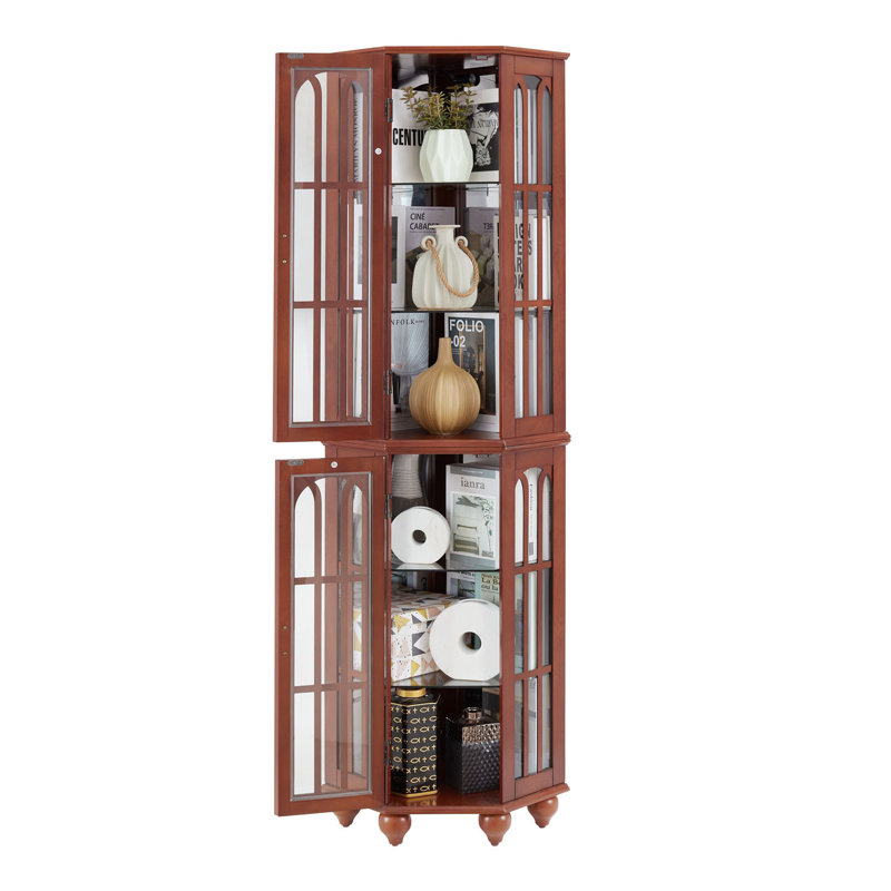 Corner Curio Cabinet with 4 Adjustable Tempered Glass Shelves and Lighting System, Walnut