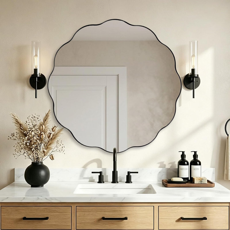 Contemporary Round Wavy Mirror Circle Bathroom Vanity Mirror | Stainless Steel Frame, 36" x 36", Matte Black