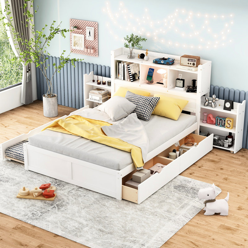 Lit double avec tablettes coulissantes, lit gigogne simple, 2 tiroirs, construction en bois massif, sans sommier tapissier, tiroirs à plateforme blancs et ensemble pour chambre à coucher