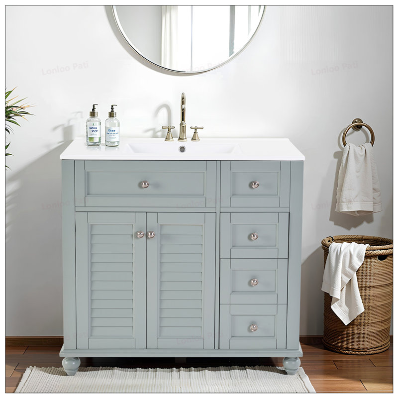 Meuble-lavabo à fermeture en douceur 36 po avec lavabo en céramique, Gris