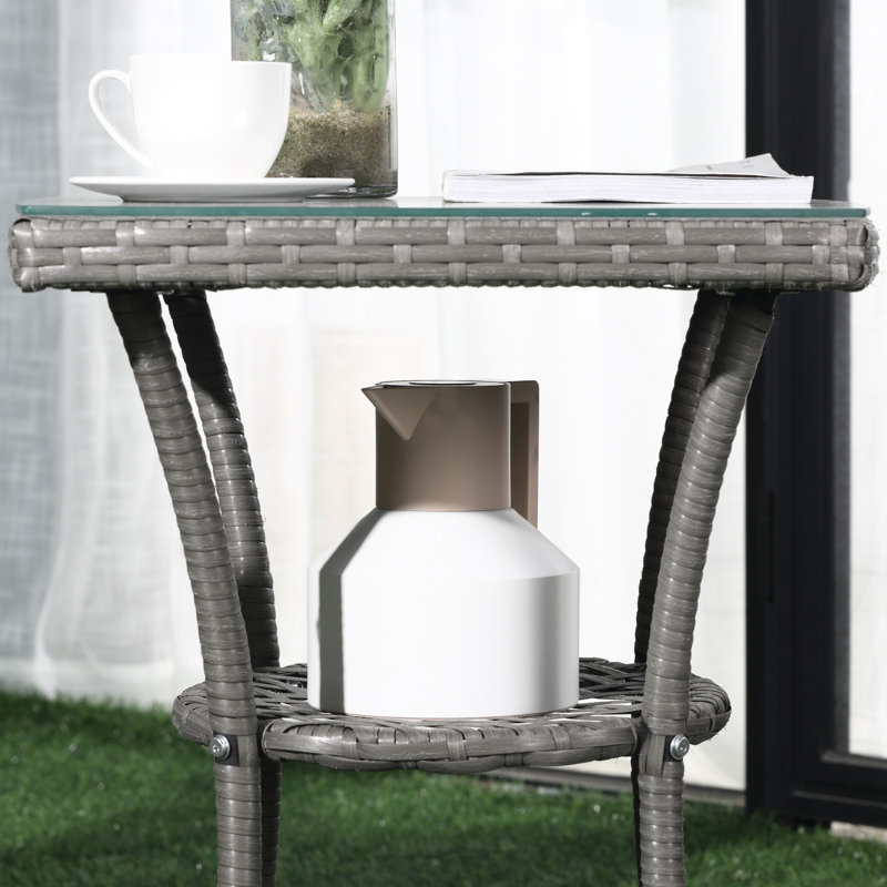 3 Piece Light Grey Rattan Bistro Set with 2 Armchairs and 2-Tier Tempered Glass Coffee Table, Garden Balcony Furniture with Washable Cushions