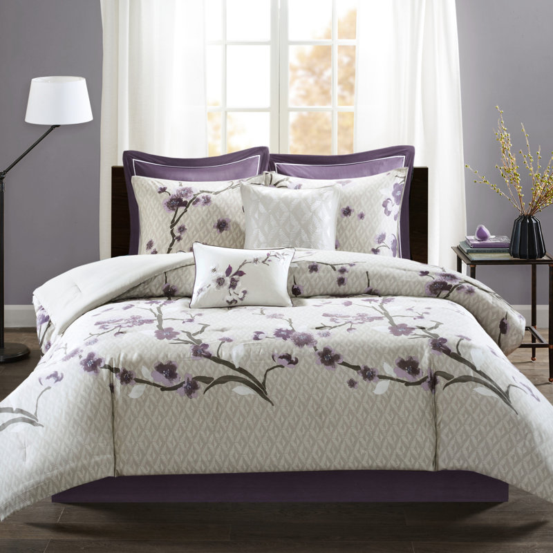 Édredon très grand / mauve / taupe - 8 pièces décorées de coton à motif floral, 2 taies décoratives européennes, coussins décoratifs, literie rembourrée lavable à la machine