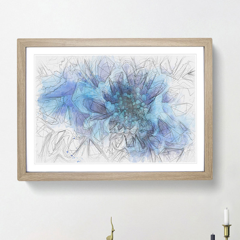 Blue Dahlia Flower - Picture Frame Graphic Art Print, Oak Framed, 40cm H x 60cm W x 2cm D