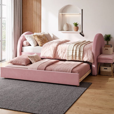 Modern Upholstered Daybed with Trundle Pull-Out Function, Velvet Fabric, Thick Padded Headboard & Footboard, 2-in-1 Convertible Design, Sturdy Metal Frame, Ideal for Guest Room