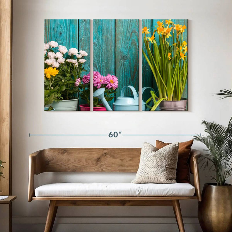 Fleurs de Senne dans des pots en fer-blanc, H 32 po x l 50 po