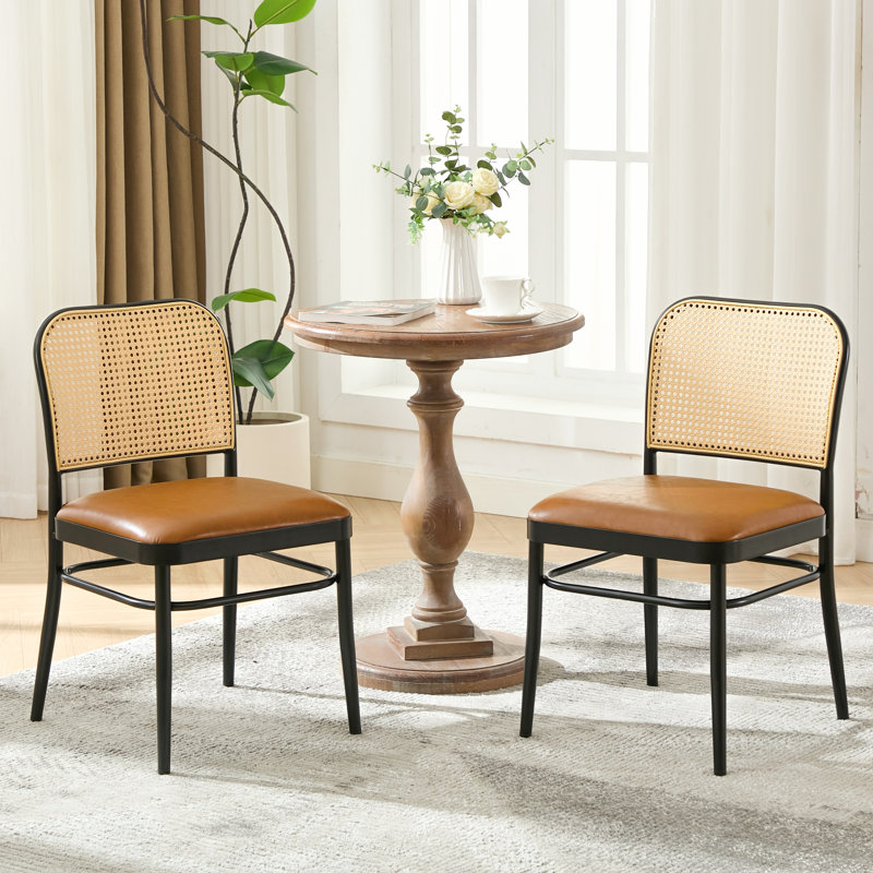Chaise d'appoint moderne rembourrée en similicuir avec dossier en rotin, 2, Brun