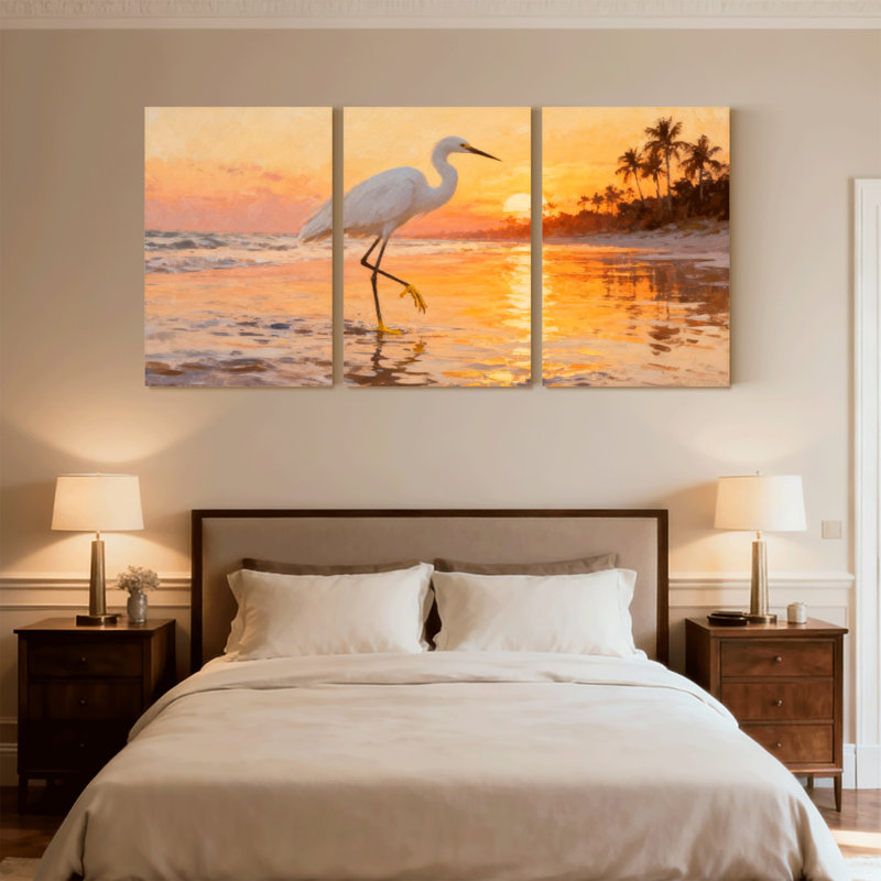 Birds Sunset Beach Heron Reflection Palm Trees Sky Water Set of 3 Canvas Wall Art Prints, 18" H x 36" W
