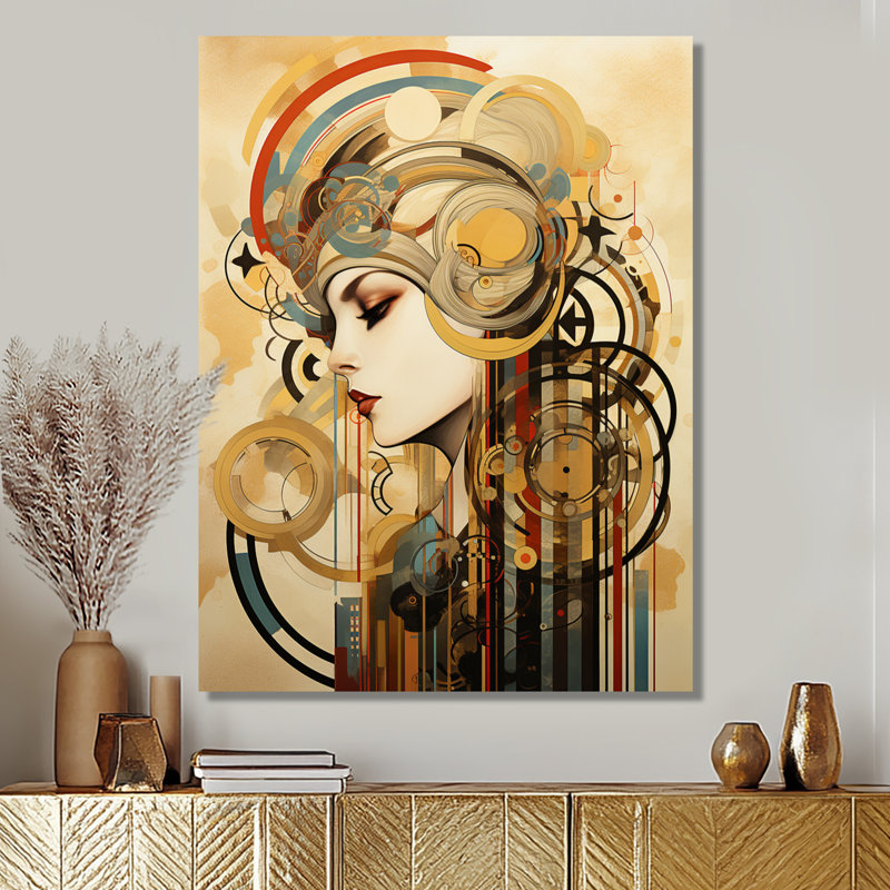 Portrait géométrique géométrique de femme Art déco, Toile tendue, H 44 po x l 34 po