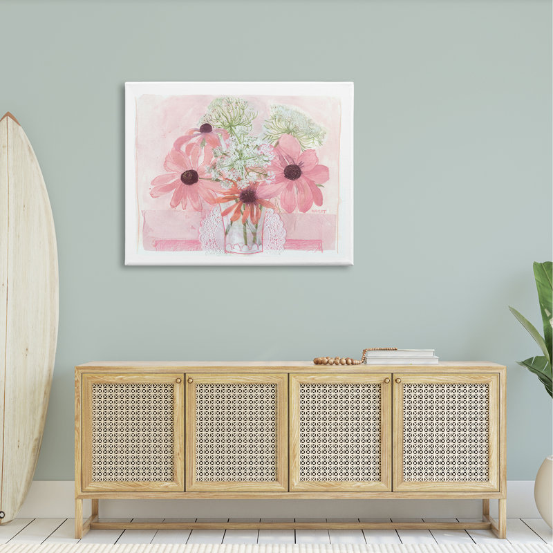Vase délicat à motif de fleurs roses, Toile tendue, H 36 po x l 48 po x P 1,5 po