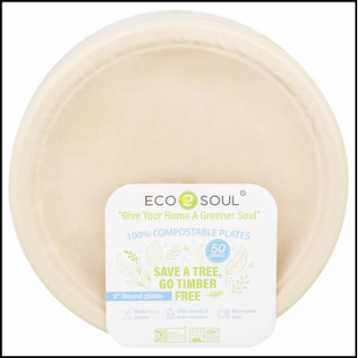 Plaques de bagasse 9 pouces Ecosoul, ultra robustes et résistantes aux fuites, 100% compostables, vont au micro-ondes et au réfrigérateur, caisse de 8 à 50 ct