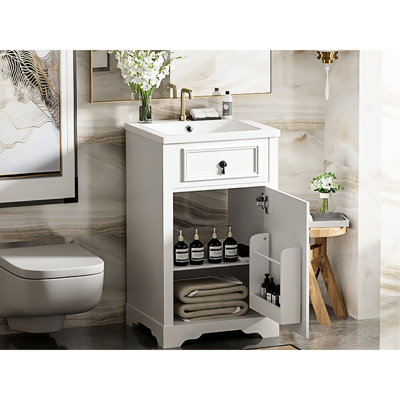 Meuble-lavabo de 20 pouces avec lavabo en céramique, lignes attrayantes et tablette réglable pour petit meuble-lavabo, porte à fermeture en douceur, rangement fixé à la porte, blanc, salles de bain modernes et intrigantes