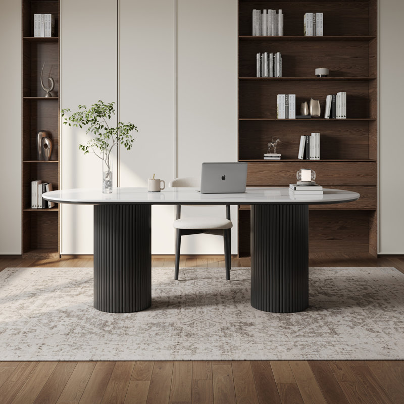 71" Modern Oval Writing Desk, Glossy Faux Marble Table Top, Double Wood Legs, White/Black