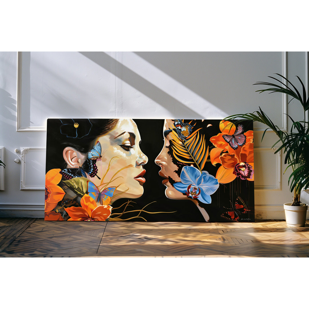 Wandbild 120x60cm Porträt von zwei jungen Frauen Schwarz Exotisch Blumen Blüten