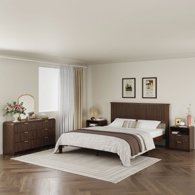 Ensemble de chambre à coucher cannelée 3 pièces, commode 6 tiroirs et table de chevet 55 po
