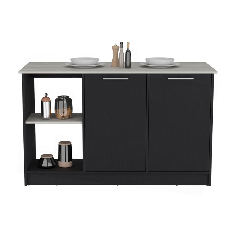 Kitchen Island With Large Countertop, Open Storage Shelves And Double Door Cabinet, 35.43" H x 59" W x  25.19" D, Black/White