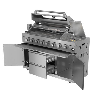 Station de cuisson au gaz pour îlot de cuisine 58 pouces en acier inoxydable 304, cuisine de cour modulaire avec brûleur infrarouge réglable et ensemble de rôtisserie électrique