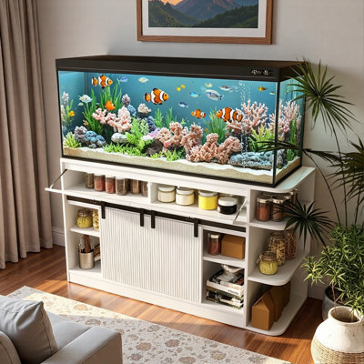 Support d'aquarium avec lumière DEL, prises de courant, portes cannelées coulissantes, 2 tiroirs, 2 grandes armoires et tablettes de rangement