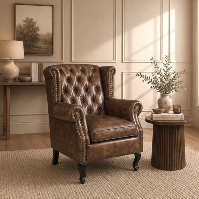 Genuine Leather Upholstered Armchair in Brown
