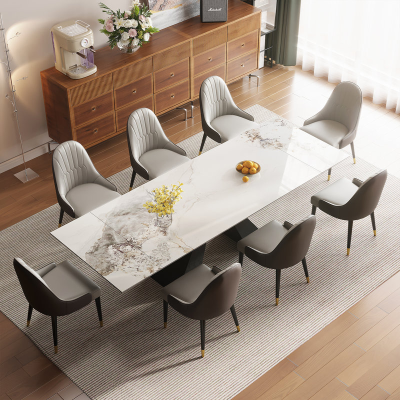 110.23'' Extendable Sintered Stone Dining Table and Dining Set, Snow Mountain White, 8