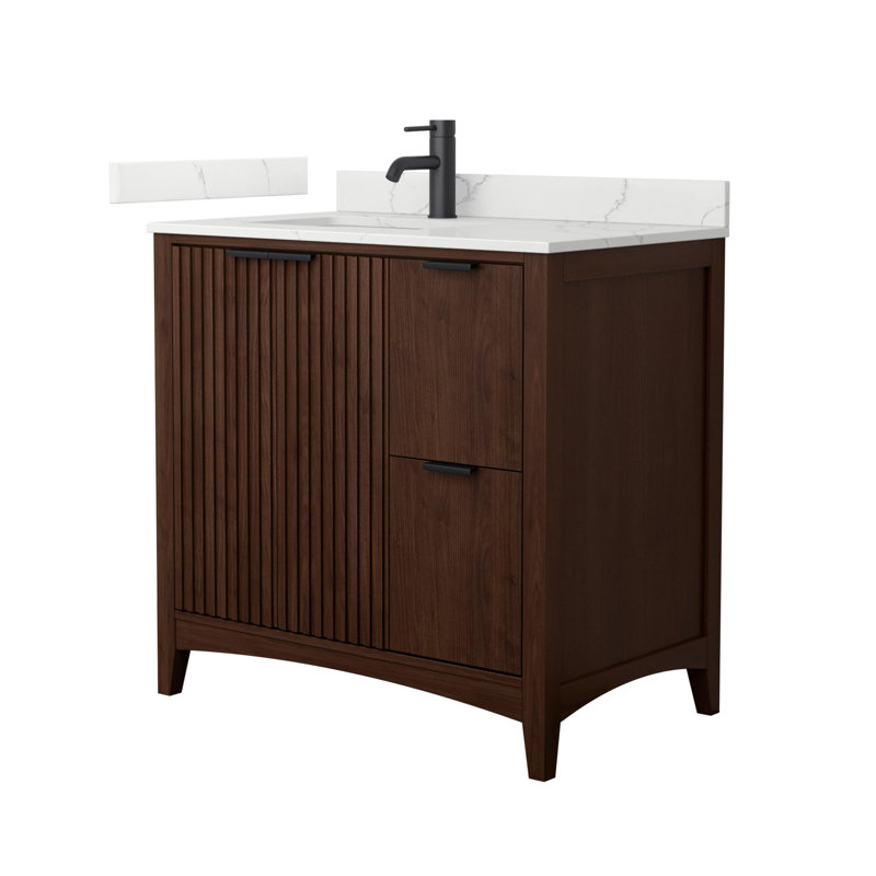 Palmilla 36" Freestanding Single Bathroom Vanity with Quartz Top, Brushed Nickel, Beige, White Quartz