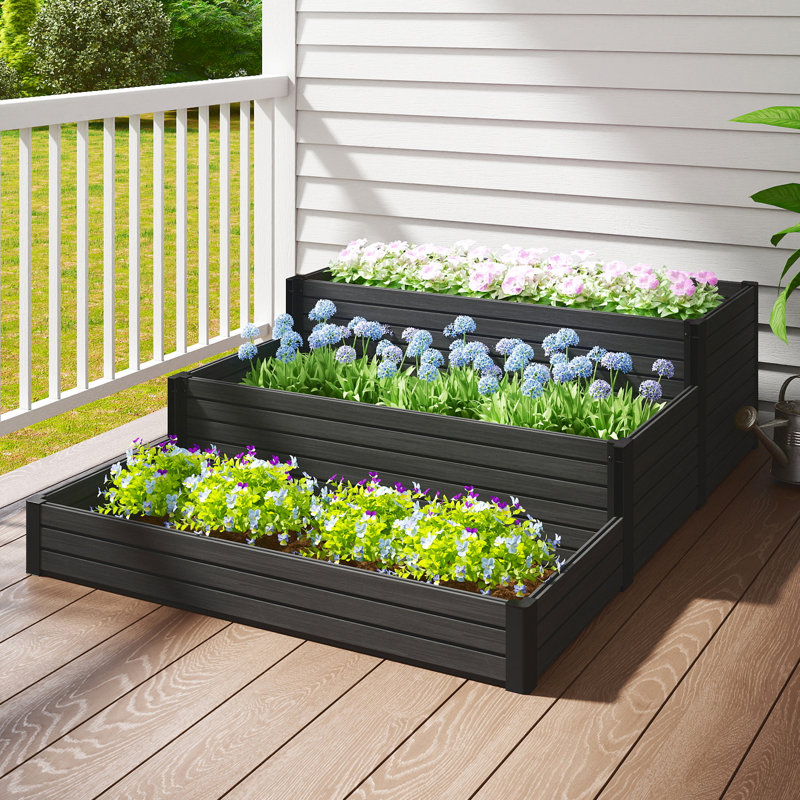 Jardinière surélevée à plusieurs niveaux, jardinière à 3 niveaux (pas de panneau inférieur), Noir, noir, noir, noir