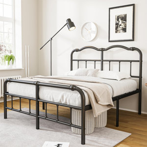 Rixensart 18" heavy-duty, noiseless, non-rocking, metal iron platform bed frame with headboard