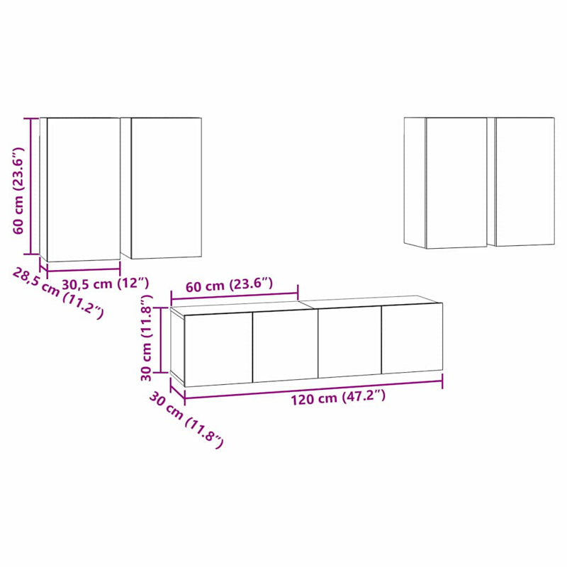 TV Cabinet Set 6 Pcs 60 X 30 X 30 Cm Engineered Wood, Black Oak