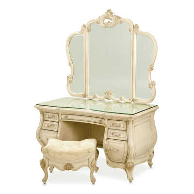 Ensemble coiffeuse avec miroir et banc Platine de Royale - Champagne