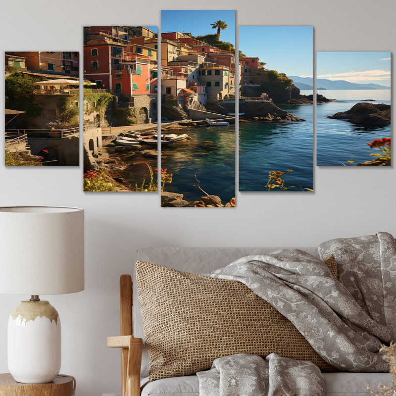 «Teal Italy Cinque Terre I», reproduction sur toile - 5 panneaux