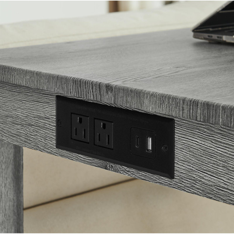 59-Inch Multifunctional Bar/Dining/Sofa Table Set Built-in 2 AC Outlets + 2 USB Ports 3 Linen-Upholstered Stools 4-Piece Set for Living Room, Dining & Kitchen 250lbs Weight Capacity per Stool