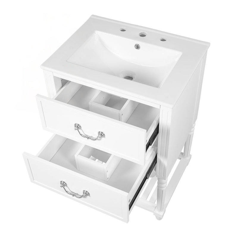 Meuble-lavabo de 24 po avec lavabo en céramique, design rétro élégant en forme de vague, deux tiroirs à fermeture en douceur et tablette ouverte pour les salles de bain modernes