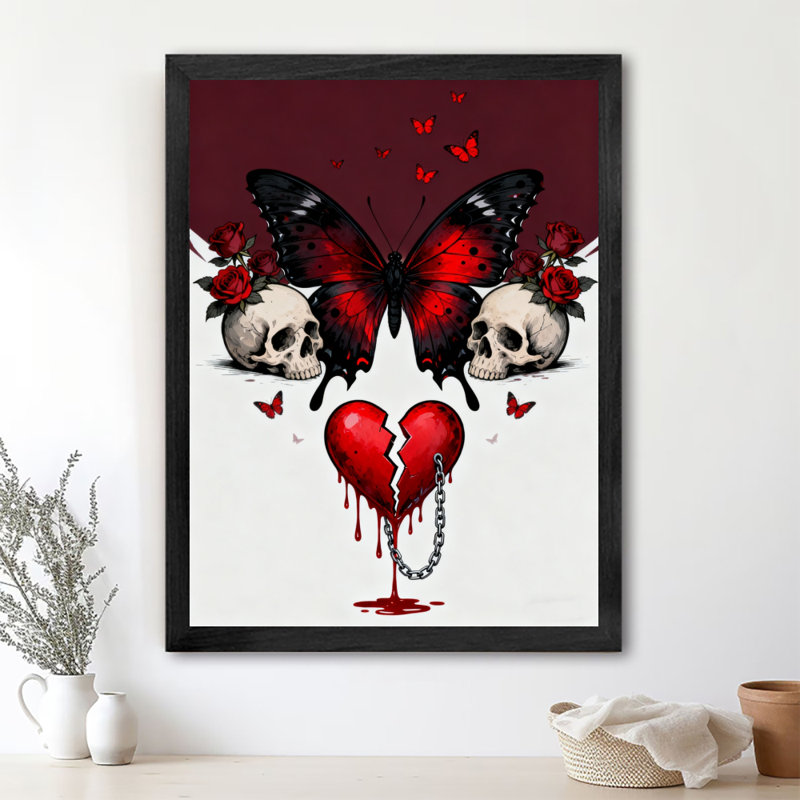 Reproduction d'art encadré noir, papillon, crâne et cœur brisé, H 37 po x l 25 po